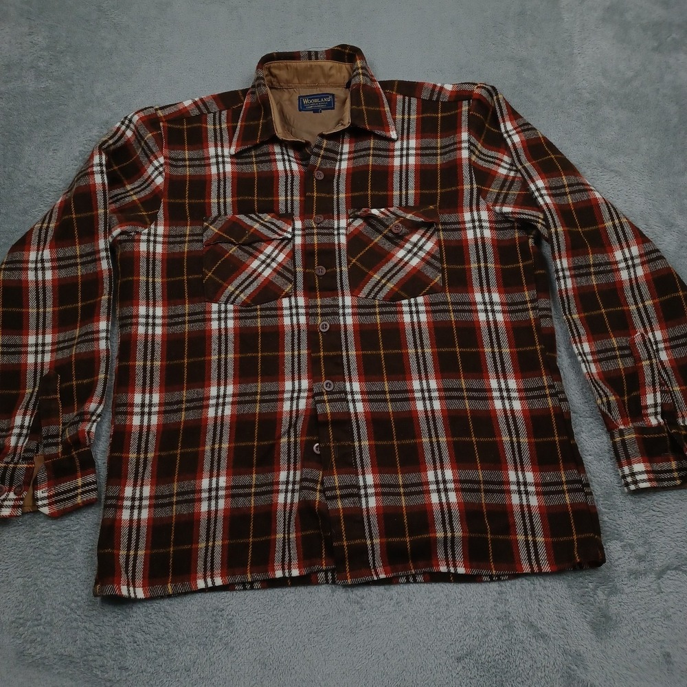 Vintage Woodland Shirt Mens Large Brown Plaid Flannel Button‎ Up Pockets